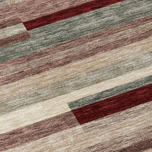 HomeRoots 5' Stylish Merlot Burgundy and Beige Striped Washable Area Rug for Indoor and Outdoor Versatility 8' Round 613298