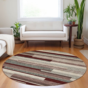 HomeRoots 5' Stylish Merlot Burgundy and Beige Striped Washable Area Rug for Indoor and Outdoor Versatility 8' Round 613298