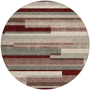 HomeRoots 5' Stylish Merlot Burgundy and Beige Striped Washable Area Rug for Indoor and Outdoor Versatility 8' Round 613298