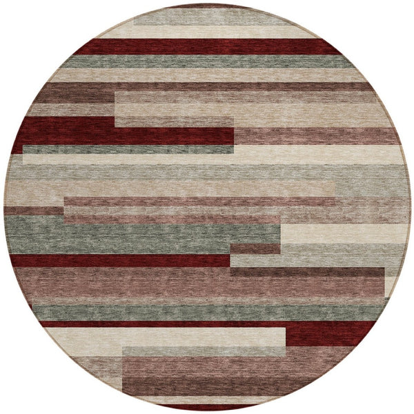 HomeRoots 5' Stylish Merlot Burgundy and Beige Striped Washable Area Rug for Indoor and Outdoor Versatility 8' Round 613298