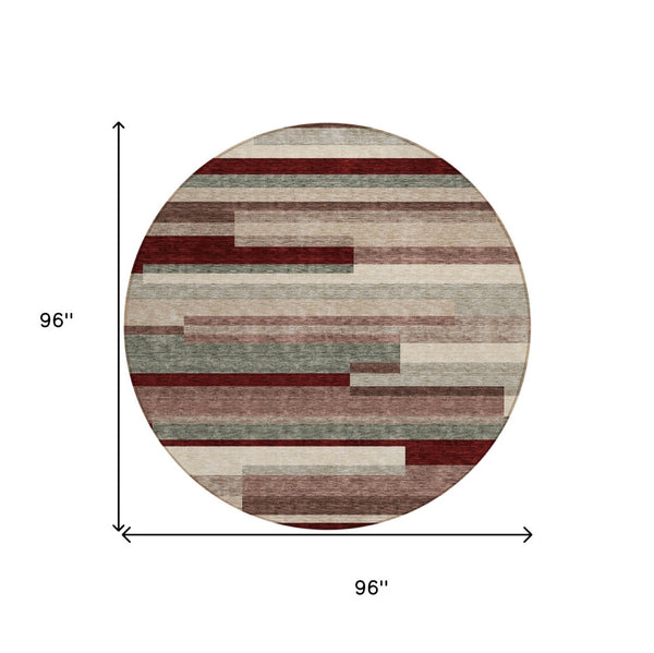 HomeRoots 5' Stylish Merlot Burgundy and Beige Striped Washable Area Rug for Indoor and Outdoor Versatility 8' Round 613298