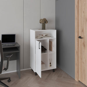English Elm Bryce Compact Base Cabinet with Door, Open Shelves & Top Display in Kronos White — Durable MDF Storage B200P335361