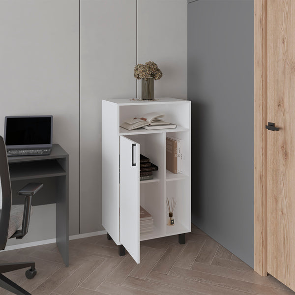 English Elm Bryce Compact Base Cabinet with Door, Open Shelves & Top Display in Kronos White — Durable MDF Storage B200P335361