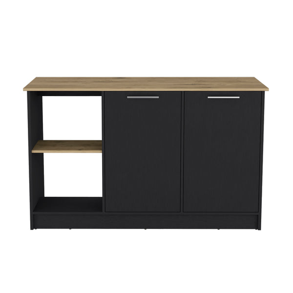 English Elm Juniper Kitchen Island with Spacious 59" Worktop, Double-Door Storage and Open Shelving for Cooktops Black + Dark Walnut 64 L x 29 W x 3 H B200S00396