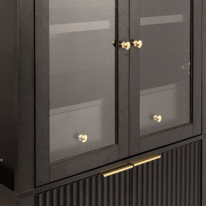 English Elm 71" Fluted Tall Arched Pantry Cabinet with Tempered Glass Door, Adjustable Shelves, Silent Drawer, Anti-Tip Safety and Stylish Metal Handles for Kitchen Living Dining Black W2917P384705