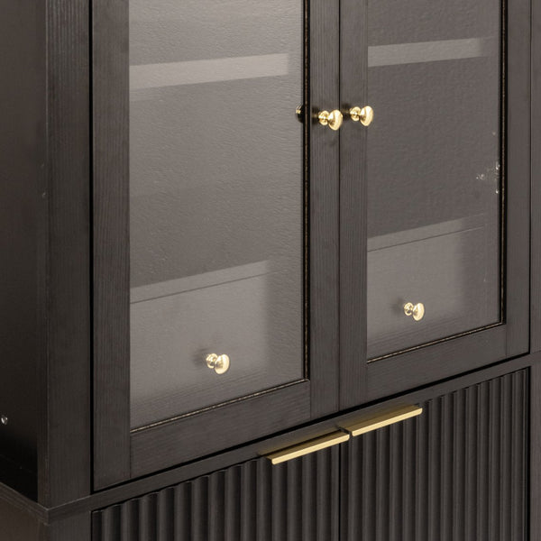 English Elm 71" Fluted Tall Arched Pantry Cabinet with Tempered Glass Door, Adjustable Shelves, Silent Drawer, Anti-Tip Safety and Stylish Metal Handles for Kitchen Living Dining Black W2917P384705