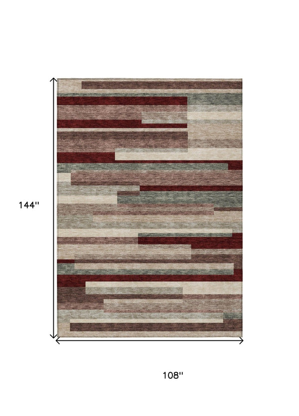 HomeRoots 5' Stylish Merlot Burgundy and Beige Striped Washable Area Rug for Indoor and Outdoor Versatility 9' X 12' 613300
