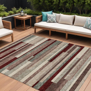 HomeRoots 5' Stylish Merlot Burgundy and Beige Striped Washable Area Rug for Indoor and Outdoor Versatility 9' X 12' 613300