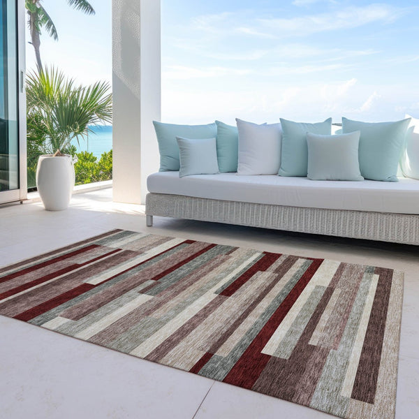 HomeRoots 5' Stylish Merlot Burgundy and Beige Striped Washable Area Rug for Indoor and Outdoor Versatility 9' X 12' 613300