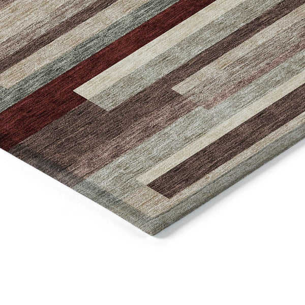 HomeRoots 5' Stylish Merlot Burgundy and Beige Striped Washable Area Rug for Indoor and Outdoor Versatility 9' X 12' 613300