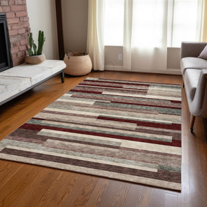 HomeRoots 5' Stylish Merlot Burgundy and Beige Striped Washable Area Rug for Indoor and Outdoor Versatility 9' X 12' 613300
