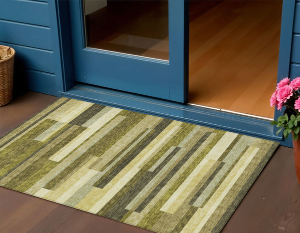 Homeroots 3' Striped Washable Area Rug For Indoor And Outdoor Spaces - Durable, Stylish, And Easy To Maintain Olive Green Polyester 613302