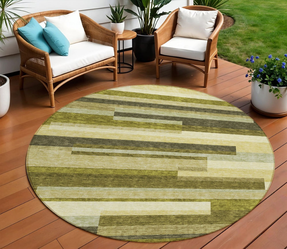 HomeRoots 5' Stylish Olive Green and Beige Striped Washable Area Rug for Indoor and Outdoor Living Spaces 8' Round 613304