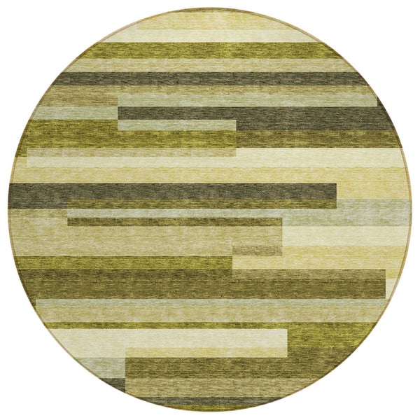 HomeRoots 5' Stylish Olive Green and Beige Striped Washable Area Rug for Indoor and Outdoor Living Spaces 8' Round 613304