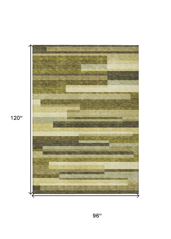 HomeRoots 5' Stylish Olive Green and Beige Striped Washable Area Rug for Indoor and Outdoor Living Spaces 8' X 10' 613305