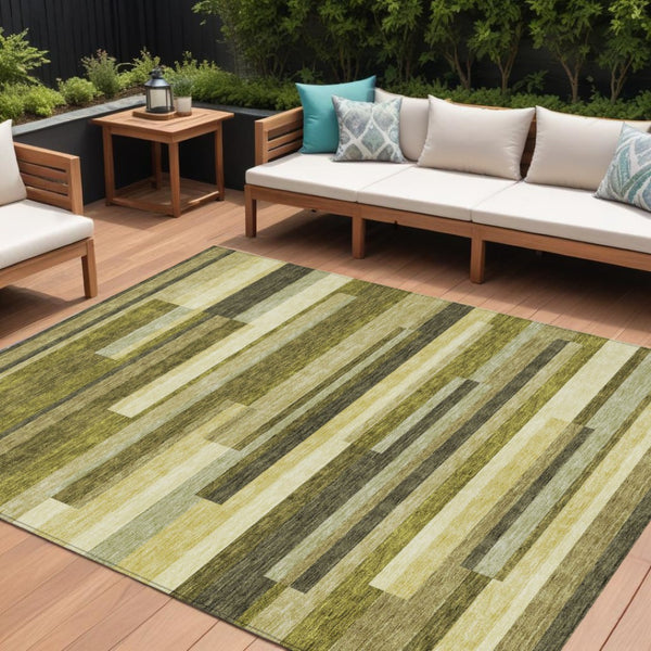 HomeRoots 5' Stylish Olive Green and Beige Striped Washable Area Rug for Indoor and Outdoor Living Spaces 8' X 10' 613305