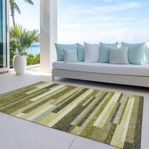 HomeRoots 5' Stylish Olive Green and Beige Striped Washable Area Rug for Indoor and Outdoor Living Spaces 8' X 10' 613305