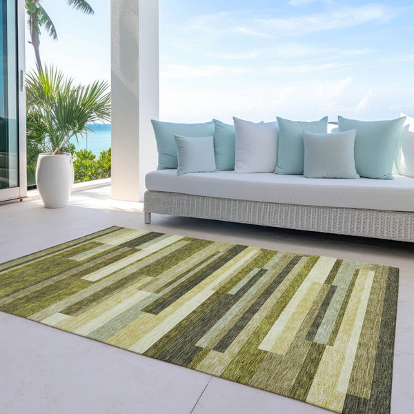 Homeroots 3' Striped Washable Area Rug For Indoor And Outdoor Spaces - Durable, Stylish, And Easy To Maintain Olive Green Polyester 613306