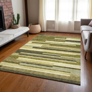 HomeRoots 5' Stylish Olive Green and Beige Striped Washable Area Rug for Indoor and Outdoor Living Spaces 10' X 14' 613307