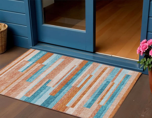 Homeroots 3' Striped Washable Area Rug For Indoor And Outdoor Spaces - Durable, Stylish, And Easy To Maintain Orange Polyester 613308