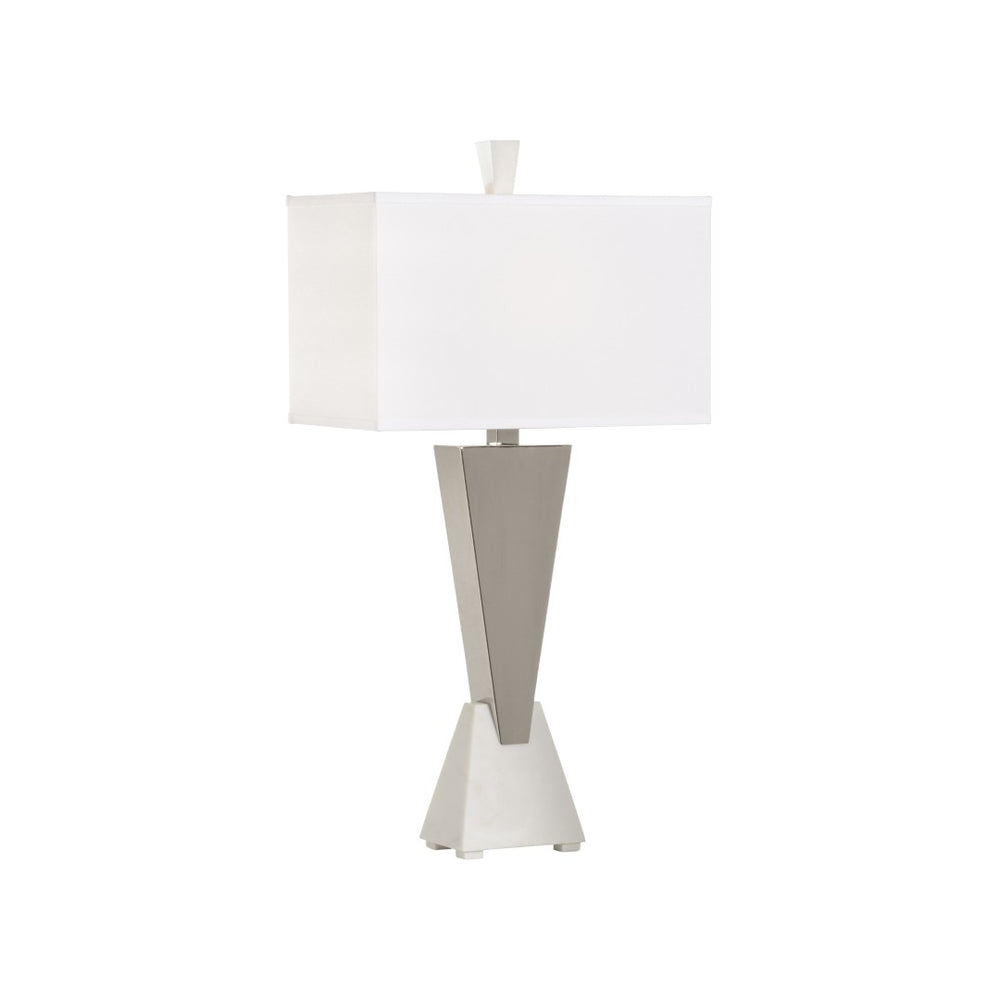 Wildwood Sterling Triangular Polished Nickel Table Lamp With Crystal Marble Base And Off-White Linen Shade, Durable Elegance 61331