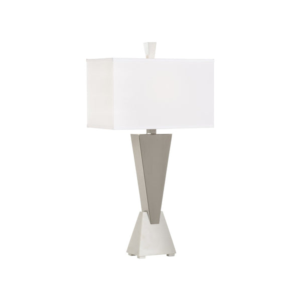 Wildwood Sterling Triangular Polished Nickel Table Lamp With Crystal Marble Base And Off-White Linen Shade, Durable Elegance 61331