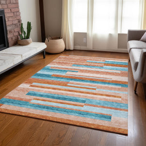 Homeroots 3' Striped Washable Area Rug For Indoor And Outdoor Spaces - Durable, Stylish, And Easy To Maintain Orange Polyester 613312