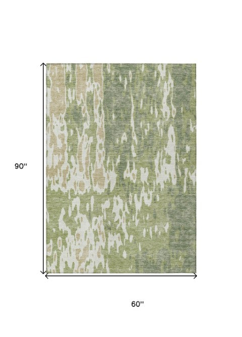 Homeroots 3' X 5' Elegant Abstract Washable Area Rug For Indoor And Outdoor Spaces - Durable & Stylish Design Sage Polyester 613315