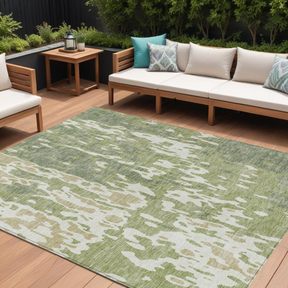 HomeRoots 5' Sage and Ivory Abstract Area Rug - Durable, Washable Design for Indoor and Outdoor Elegance 9' X 12' 613318