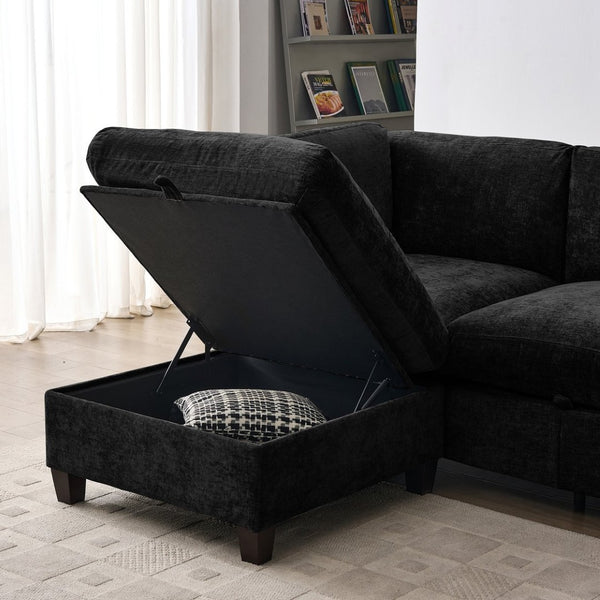 English Elm 96.5" L-shaped Chenille Sectional with Storage Ottoman Eucalyptus Frame Living Room Black W1097S00282