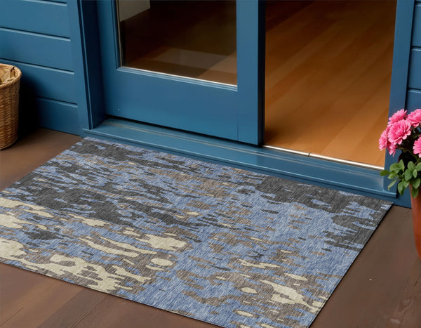Homeroots 3' X 5' Elegant Abstract Washable Area Rug For Indoor And Outdoor Spaces - Durable & Stylish Design Denim Blue Polyester 613338