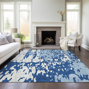 Homeroots 3' X 5' Elegant Abstract Washable Area Rug For Indoor And Outdoor Spaces - Durable & Stylish Design Navy Blue Polyester 613350