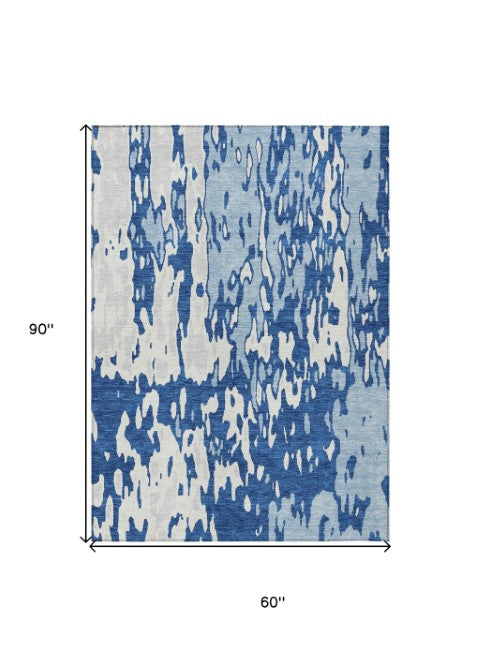 Homeroots 3' X 5' Elegant Abstract Washable Area Rug For Indoor And Outdoor Spaces - Durable & Stylish Design Navy Blue Polyester 613351