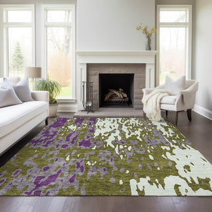 Homeroots 3' X 5' Elegant Abstract Washable Area Rug For Indoor And Outdoor Spaces - Durable & Stylish Design Olive Green Polyester 613359