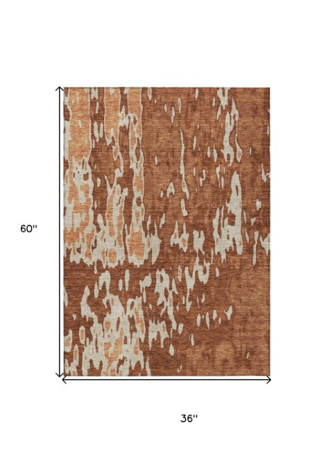 Homeroots 3' X 5' Elegant Abstract Washable Area Rug For Indoor And Outdoor Spaces - Durable & Stylish Design Orange Polyester 613362
