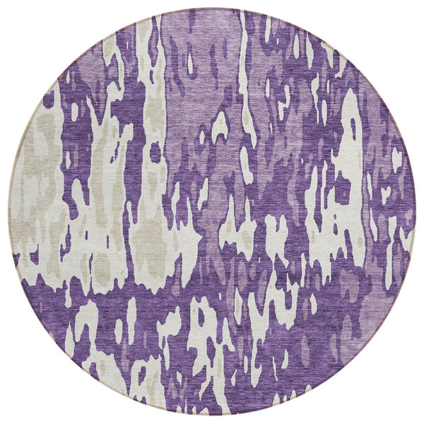 HomeRoots 5' Abstract Purple and Ivory Washable Indoor-Outdoor Area Rug for Stylish Home Décor and Durability 8' Round 613370