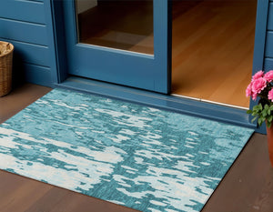 Homeroots 3' X 5' Elegant Abstract Washable Area Rug For Indoor And Outdoor Spaces - Durable & Stylish Design Teal Blue Polyester 613374