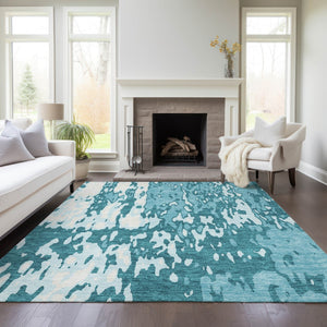 Homeroots 3' X 5' Elegant Abstract Washable Area Rug For Indoor And Outdoor Spaces - Durable & Stylish Design Teal Blue Polyester 613374