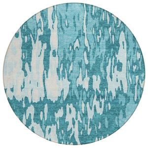 HomeRoots 5' Abstract Teal Blue and Ivory Area Rug - Stylish, Washable, Indoor/Outdoor, Durable Design for Any Space 8' Round 613376
