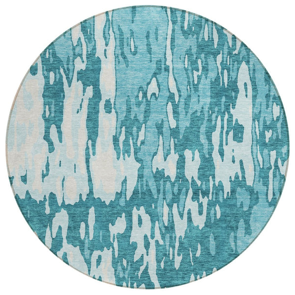 HomeRoots 5' Abstract Teal Blue and Ivory Area Rug - Stylish, Washable, Indoor/Outdoor, Durable Design for Any Space 8' Round 613376