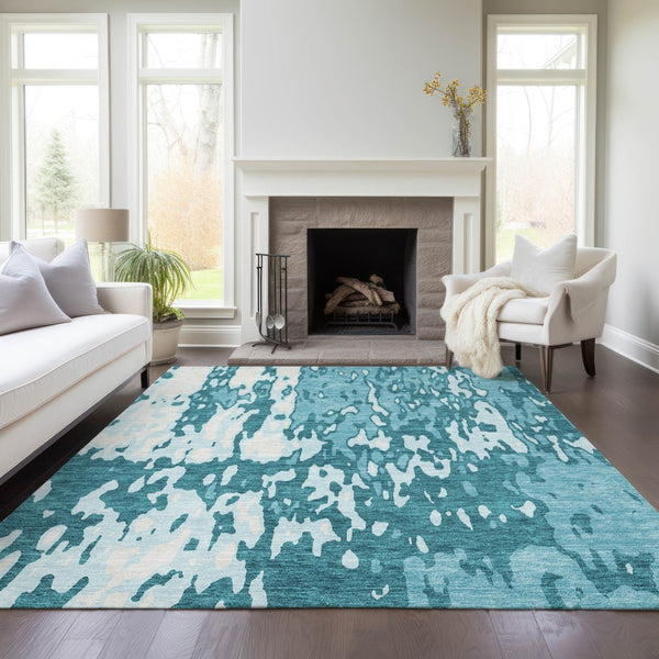 Homeroots 3' X 5' Elegant Abstract Washable Area Rug For Indoor And Outdoor Spaces - Durable & Stylish Design Teal Blue Polyester 613377