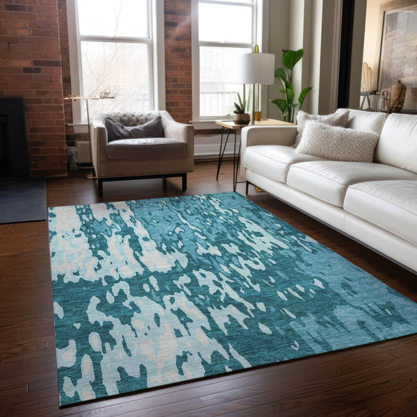 Homeroots 3' X 5' Elegant Abstract Washable Area Rug For Indoor And Outdoor Spaces - Durable & Stylish Design Teal Blue Polyester 613379