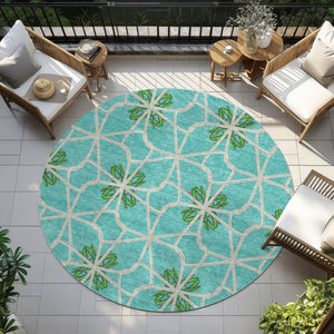 Homeroots 3' Stylish Geometric Washable Area Rug For Indoor Or Outdoor Use - Durable, Stain-resistant Design Aqua Polyester 613394