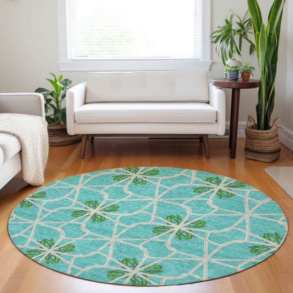 Homeroots 3' Stylish Geometric Washable Area Rug For Indoor Or Outdoor Use - Durable, Stain-resistant Design Aqua Polyester 613394