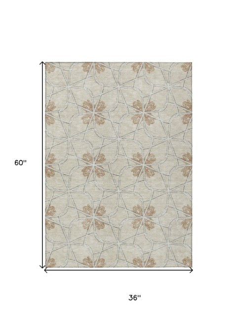 Homeroots 3' Stylish Geometric Washable Area Rug For Indoor Or Outdoor Use - Durable, Stain-resistant Design Beige Polyester 613398