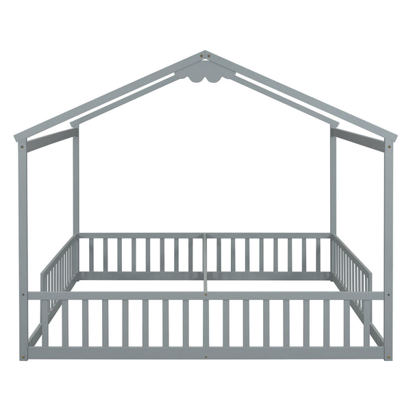English Elm Double Twin House-Style Floor Bed with Fence Guardrails for Kids, Pine & Plywood Durable Design Grey W504P308458