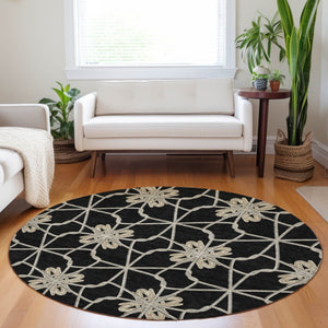 HomeRoots 5' Black and Ivory Geometric Area Rug - Durable, Washable, Indoor/Outdoor Use for Modern Spaces 8' Round 613406