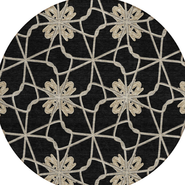 HomeRoots 5' Black and Ivory Geometric Area Rug - Durable, Washable, Indoor/Outdoor Use for Modern Spaces 8' Round 613406
