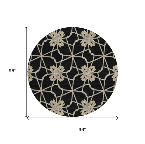 HomeRoots 5' Black and Ivory Geometric Area Rug - Durable, Washable, Indoor/Outdoor Use for Modern Spaces 8' Round 613406