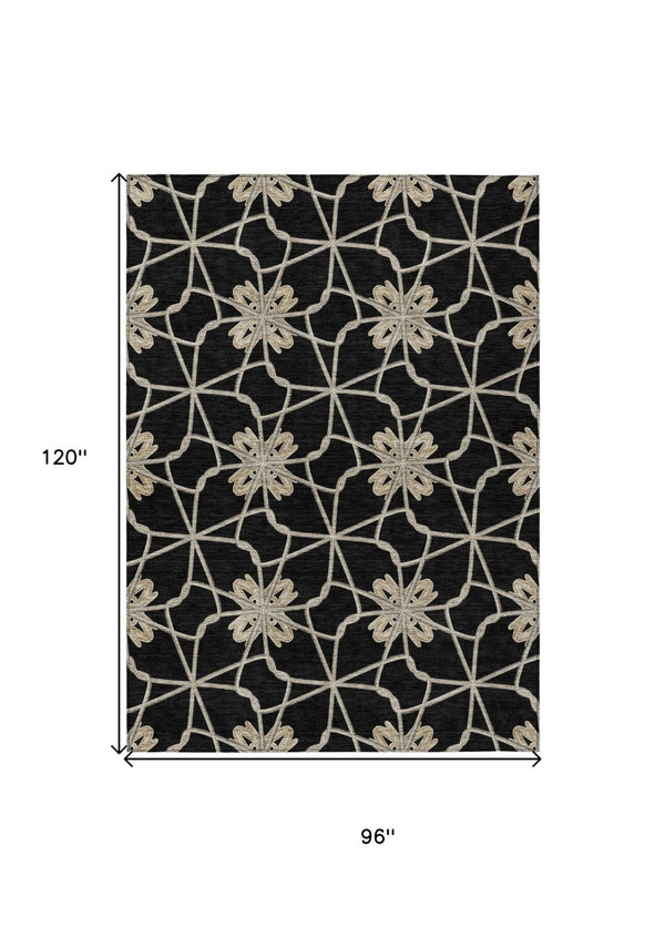 HomeRoots 5' Black and Ivory Geometric Area Rug - Durable, Washable, Indoor/Outdoor Use for Modern Spaces 8' X 10' 613407